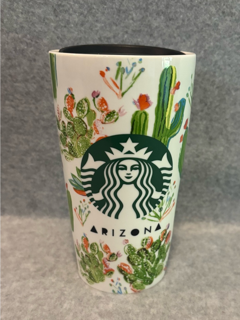 Starbucks 2021 Arizona Green Cactus on White Ceramic Travel Mug With Lid. 12 oz